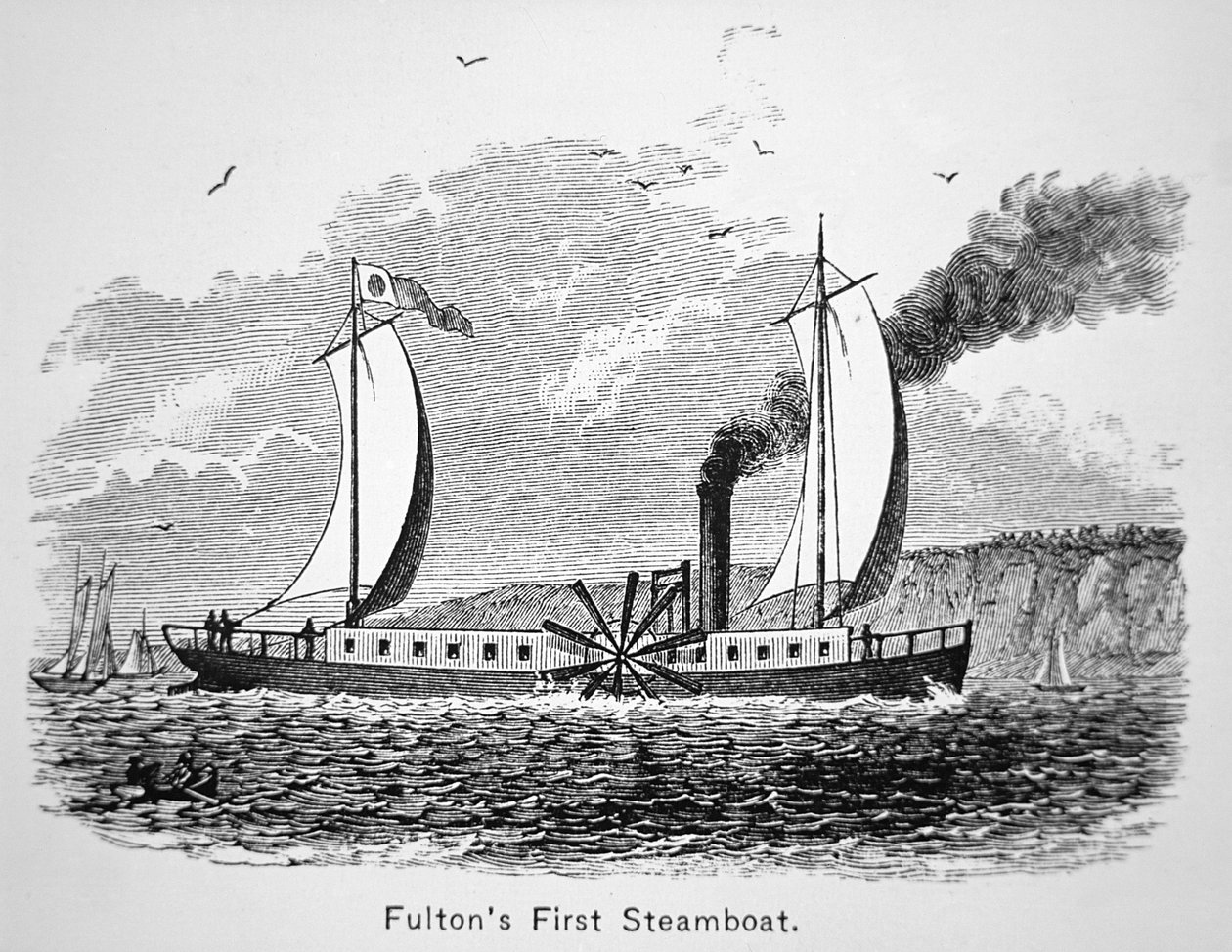 ロバート・フルトン（1765-1815）の最初の蒸気船「クラーモント」。 作： アメリカの学校