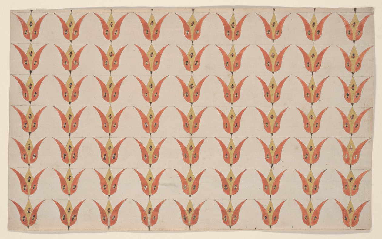 チューリップの7列、フラクトゥール絵画、1800-20年頃 作： アメリカの学校