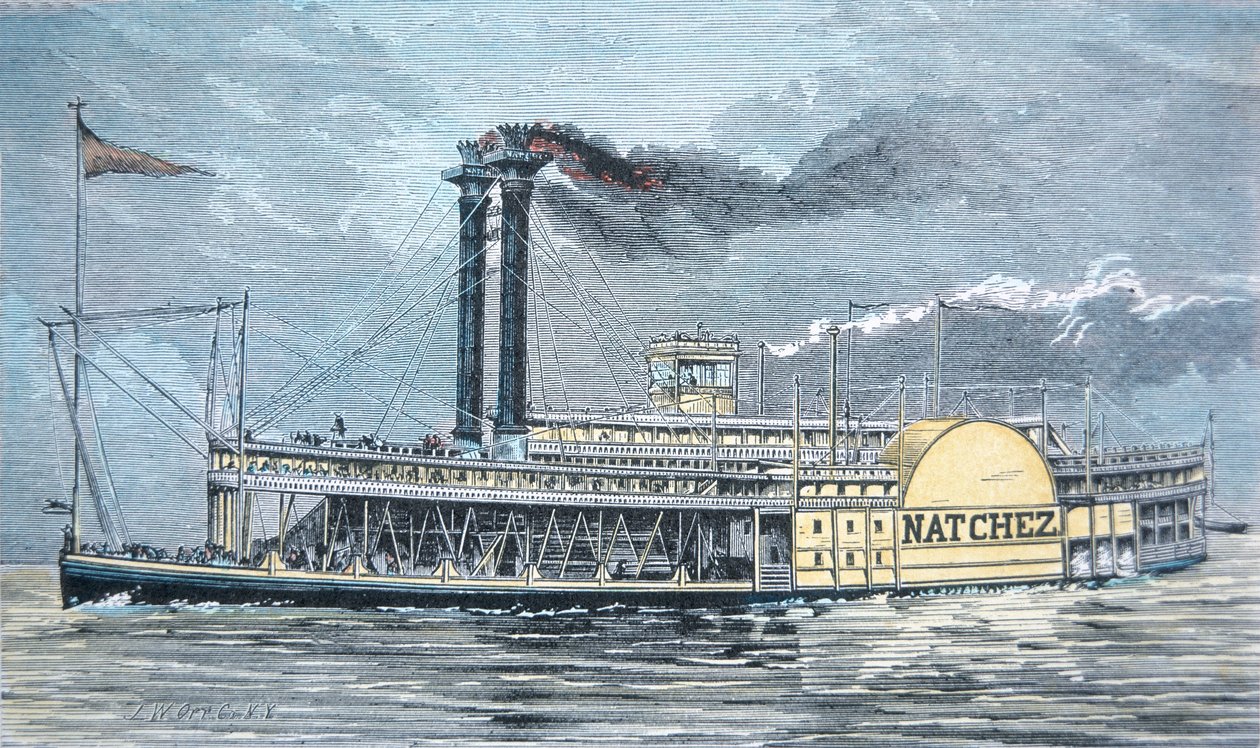 1870年頃のミシシッピ社製サイドウィーラー「ナッチェス」（彩色済みエングレービング 作： アメリカの学校