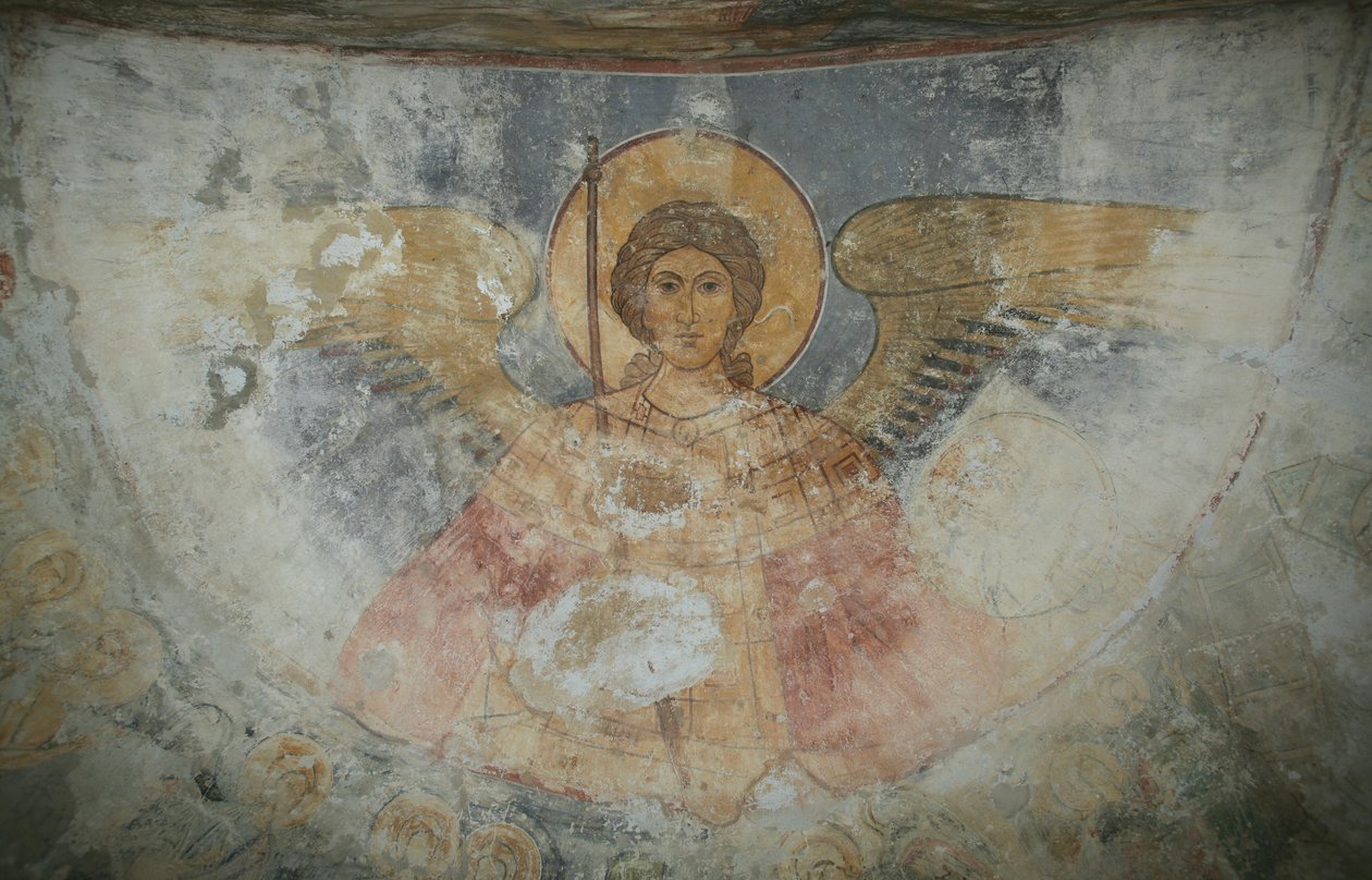 聖ミカエル大天使、12世紀 作： 古代ロシアのフレスコ画