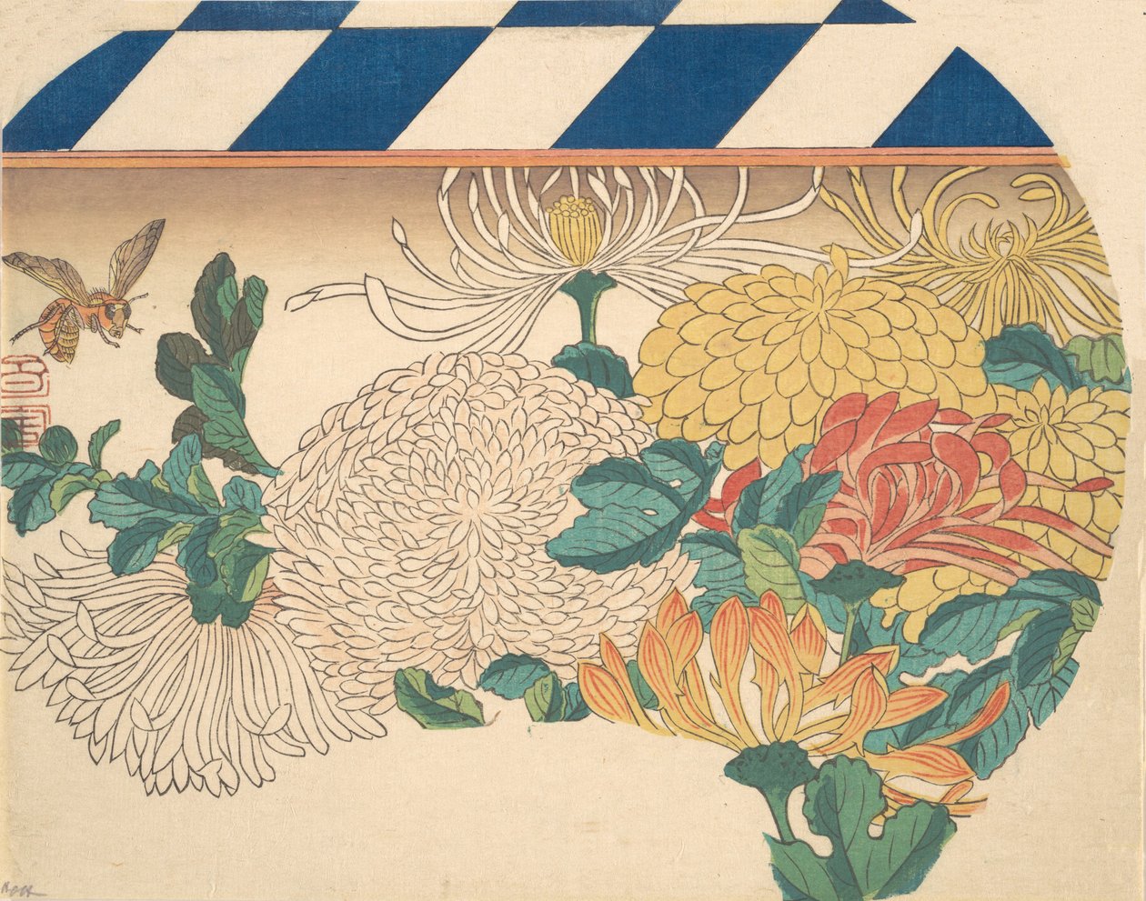 扇形のデザインの菊、1840年代、1840年代。 作： 安藤広重