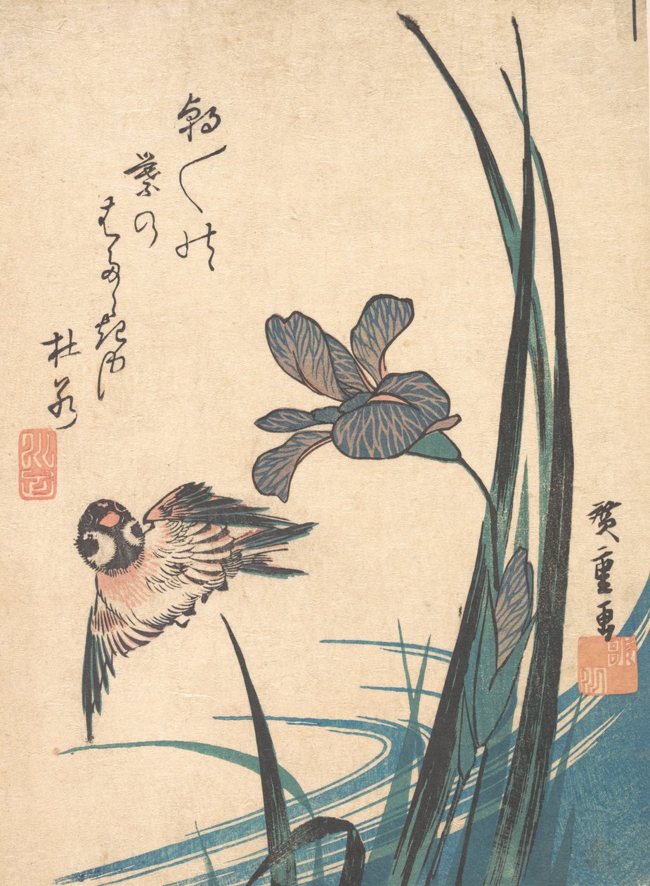 アイリスとスズメ、カリフォルニア州。 1832年頃。 1832年。 作： 安藤広重