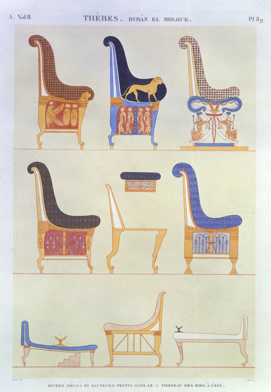 東の第5王の墓、バイバンエルモロクのさまざまな塗装済みの座席と肘掛け椅子のイラスト、Byban el Molouk、「エジプトの説明」第2巻のプレート89、ポメル作、1822年（アクアチント） 作： アンドレ・ドゥテルトレ