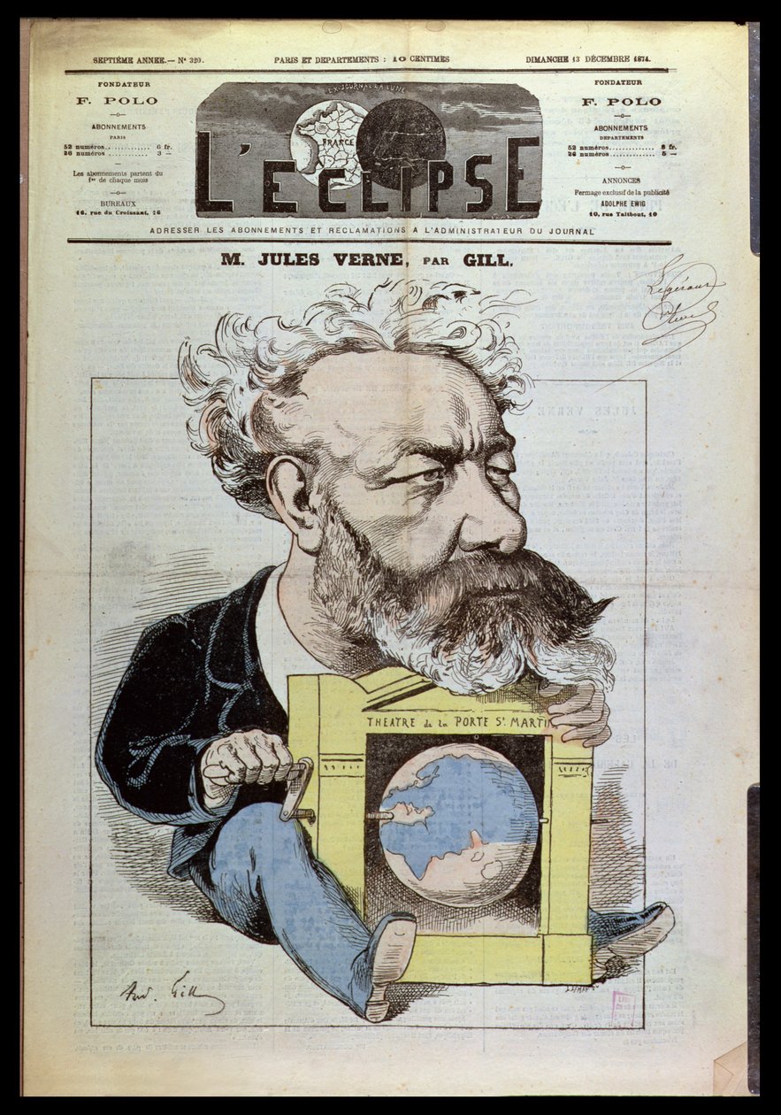 1874年12月13日、「L&39;Eclipse」からのジュールヴェルヌ（1828-1905）の風刺画 作： アンドリュー・ギル