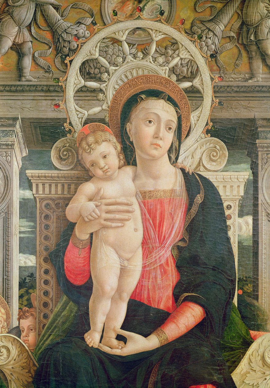 ヴェローナの聖ゼノの祭壇画、聖母子とキリストの子を描いた中央パネルの詳細、1456-60（237994の詳細） 作： アンドレア・マンテーニャ
