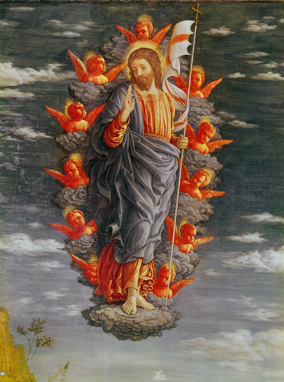 マギの礼拝の祭壇画左パネル：アセンション、キリストの詳細、パネル上のテンペラc.1466 作： アンドレア・マンテーニャ