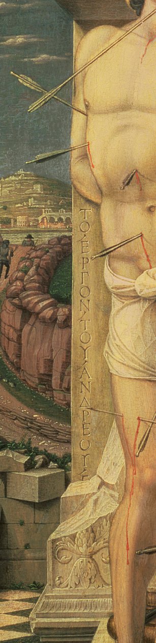 聖セバスチャン（詳細）、c.1459（パネル上のテンペラ） 作： アンドレア・マンテーニャ