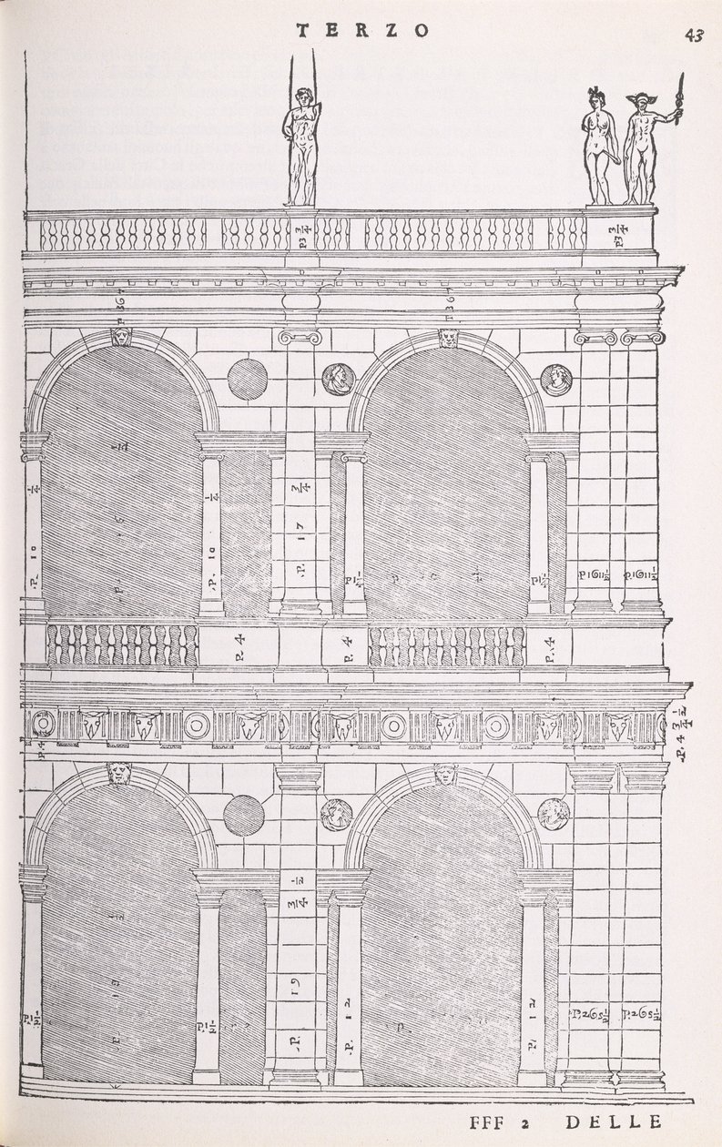 1570年に最初に出版されたパラディオによって書かれたI Quattro Libri dellArchitetturaのファクシミリコピーからのイラスト、ヴィチェンツァの大聖堂の標高の詳細 作： アンドレア・パラディオ