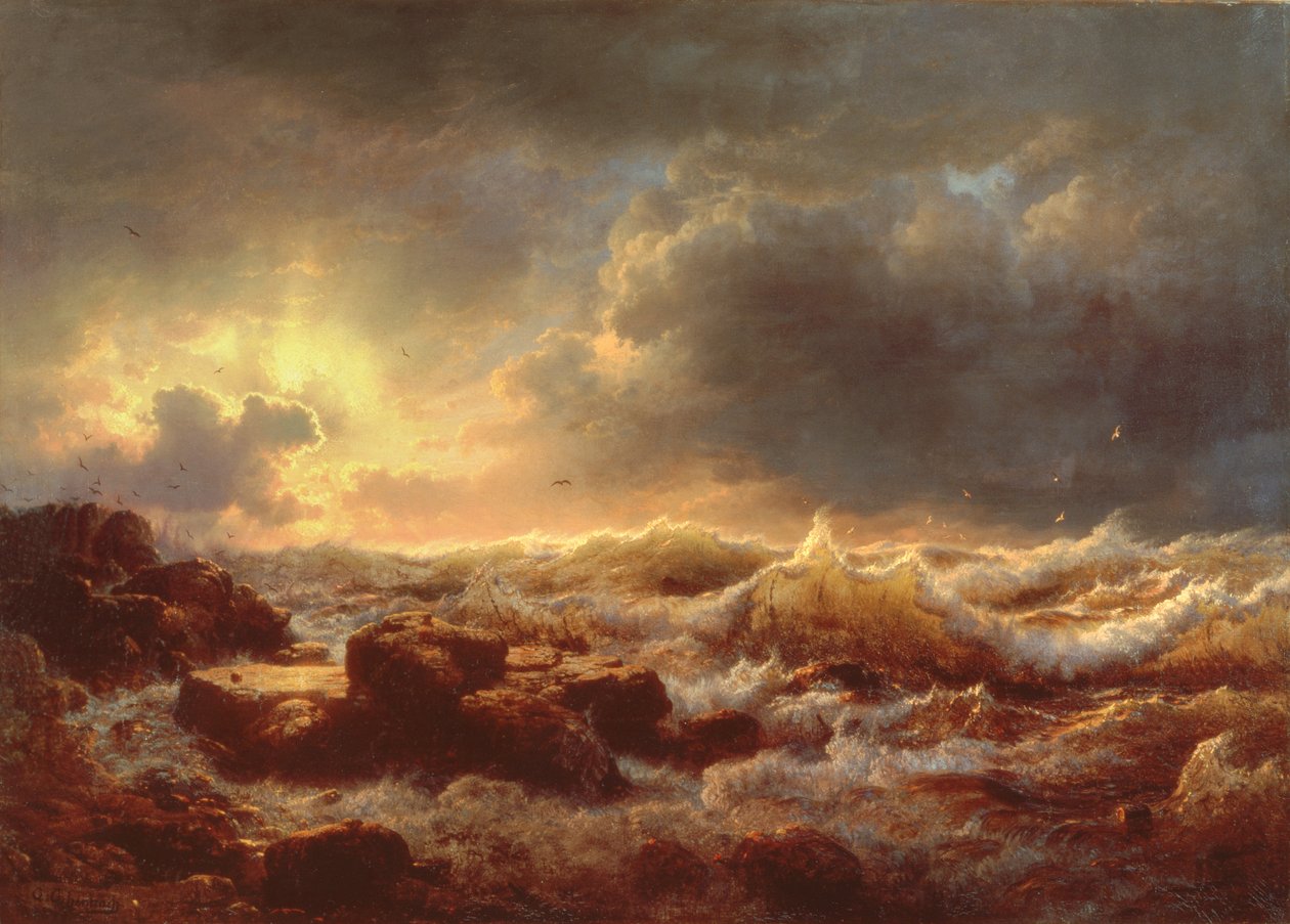 片付け-1847年、シチリア島の海岸 作： アンドレアス・アーヘンバッハ