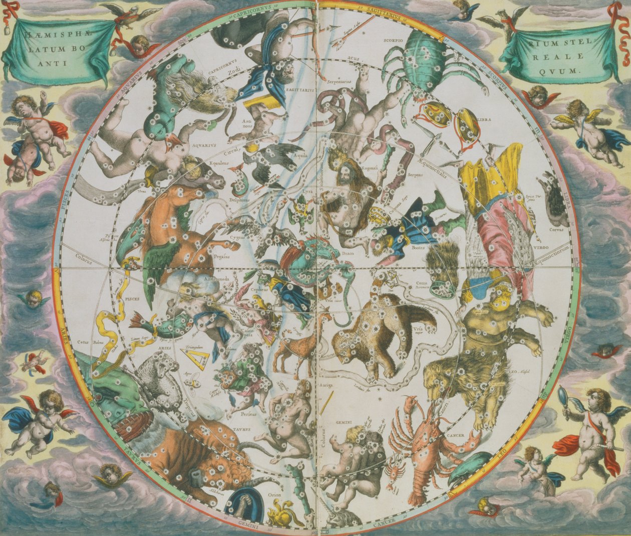 「The Celestial Atlas or The Harmony of the Universe」（Atlas coelestis seu harmonia macrocosmica）パブからの黄道帯の兆候を示す天体星座。 Joannes Janssonius、アムステルダム、166 作： アンドリュー・セラリウス