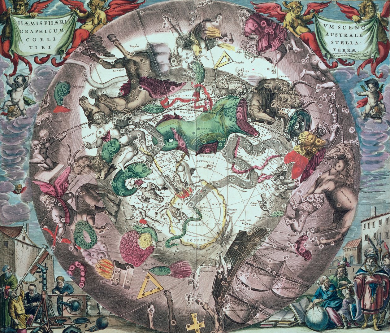 Pieter Schenk（1660-1719）とGerard Valkによって彫刻された「天体アトラス、または宇宙の調和」（Atlas coelestis seu Harmonica macrocosmica）からの南半球の星座 作： アンドリュー・セラリウス