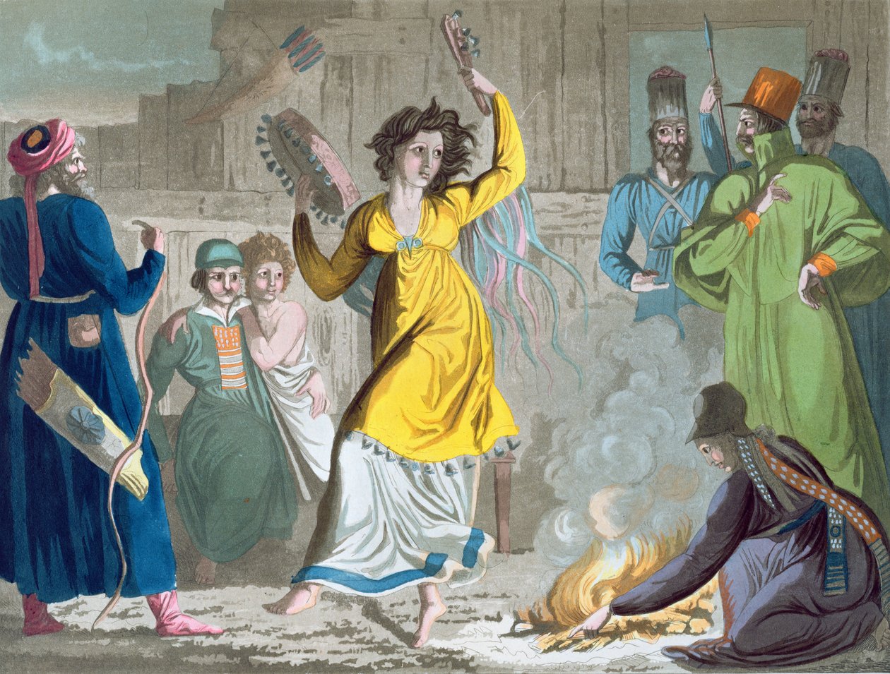 1819年のジュリオフェラーリオの「古代と現代の衣装」から、火の周りを踊るタリーシュシャーマン 作： アンジェロ・ビアシオリ