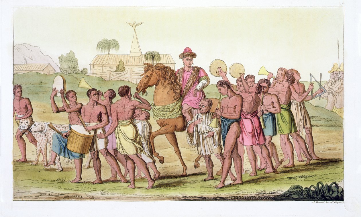 コラーロ、ベナン王の祭典、ジュールスフェラーリオの「ルコスチュームアンシアンエモデルヌ」のプレート38、1820年代から30年代に出版 作： アンジェロ・ビアシオリ