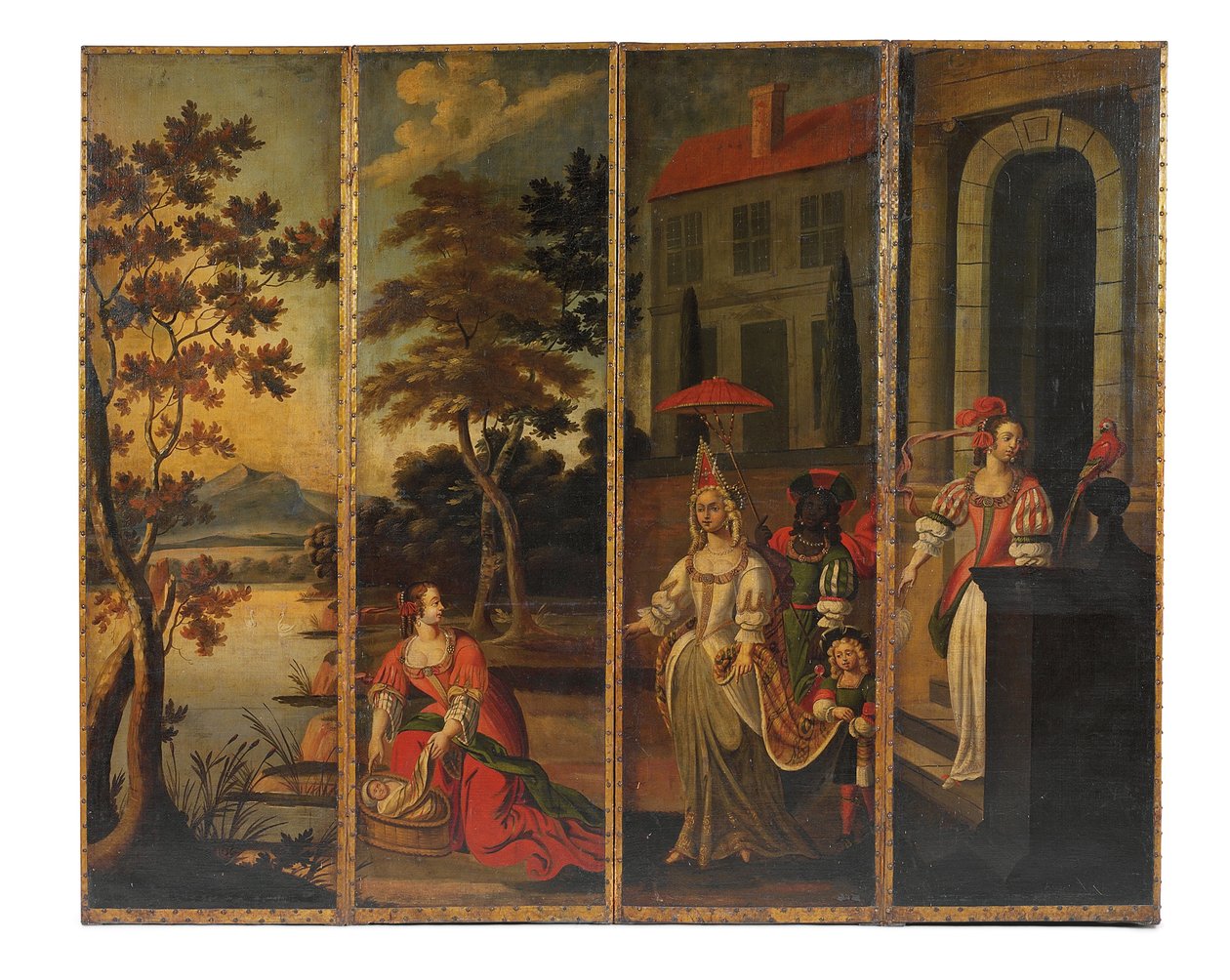 4つ折りの両面スクリーン、c.1700 作： アングロ・フランドル語学校
