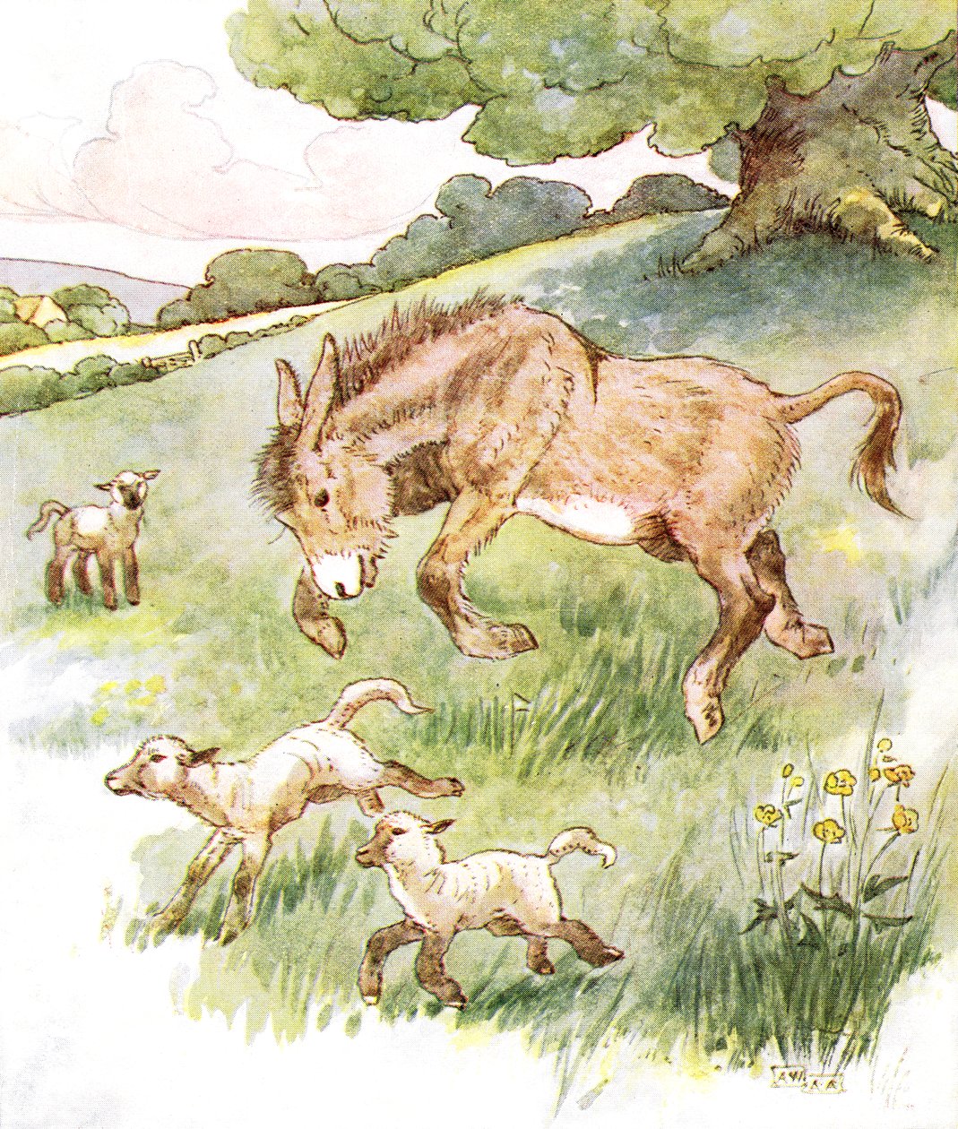「私は日当たりの良い牧草地で愚かな小さな子羊と一緒に一日中暴れました」、イラストは「いたずらなエディブック」、トーマス・ネルソンウントソンス、1920年代から出版されました 作： アン・アンダーソン