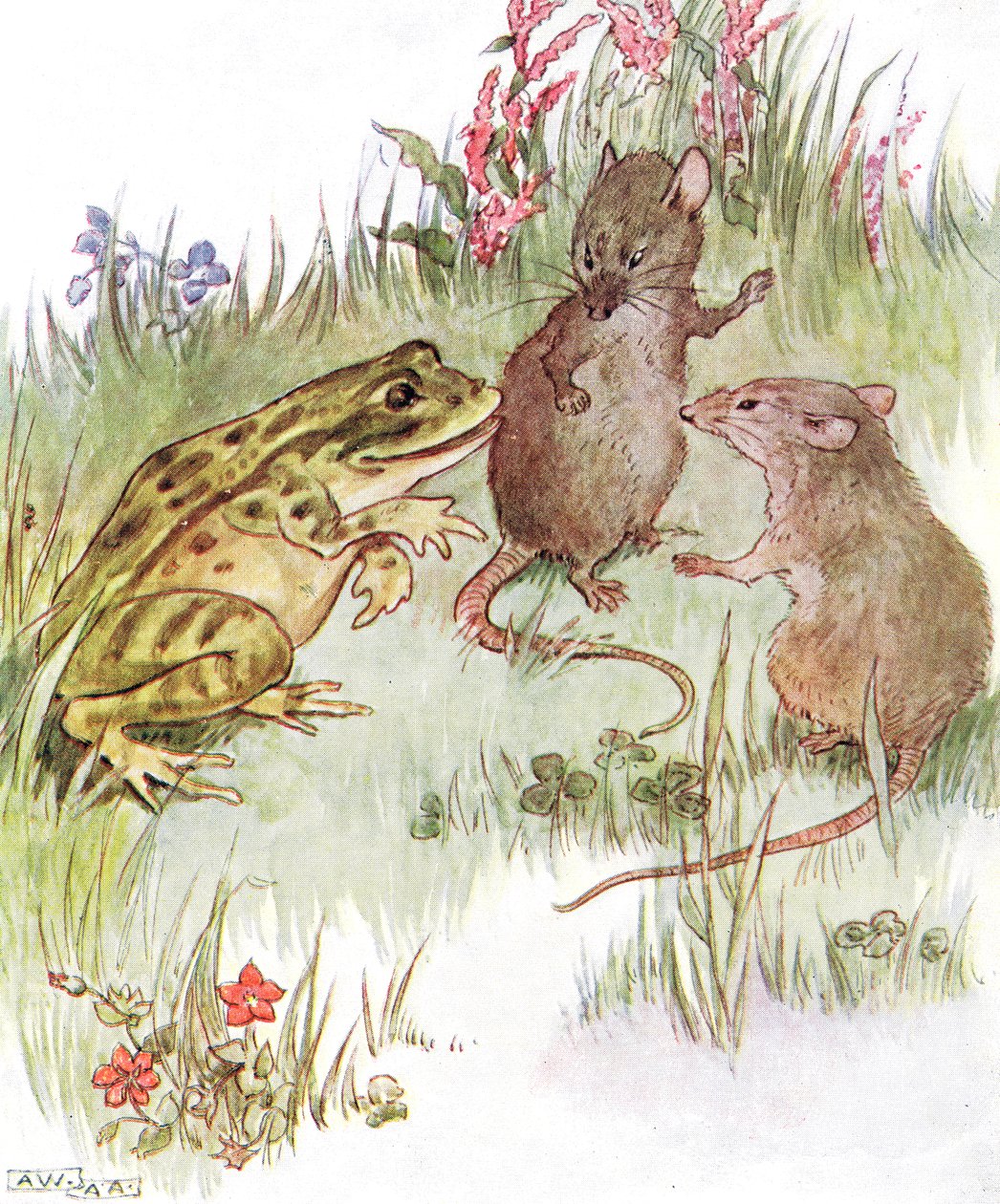 「かわいいミスマウスとおしゃべりした」イラスト、「The Mischievious Mousie Book」、トーマスネルソンウントソンス発行、1920年代 作： アン・アンダーソン