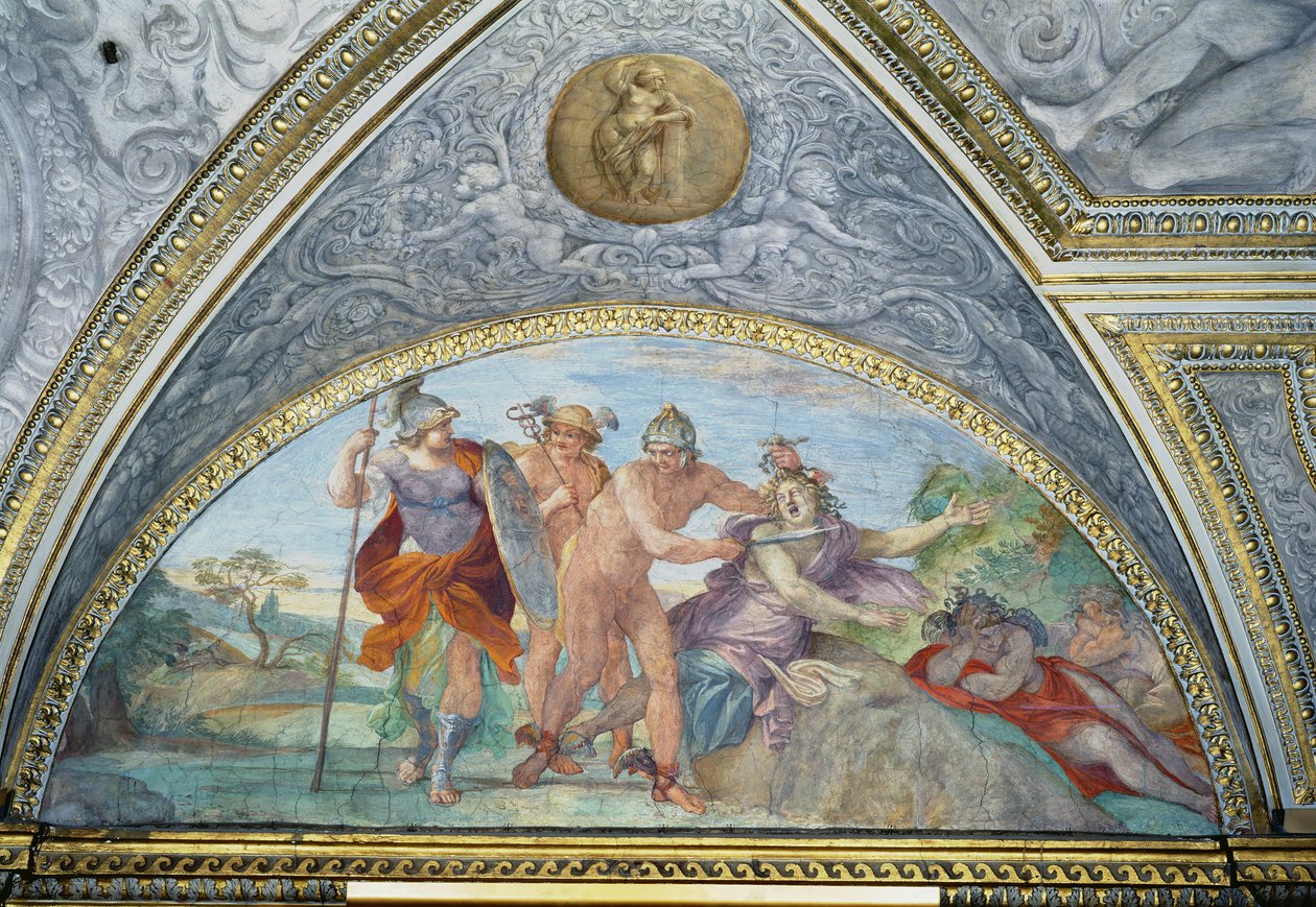 1596年の「カメリノ」からのペルセウスがメドゥーサを倒したことを描いたルネット 作： Annibale Carracci