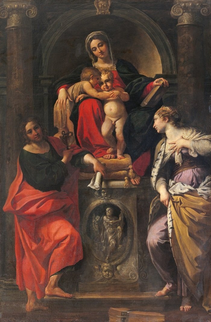 マドンナとチャイルド、聖徒の洗礼者ヨハネ、伝道者ヨハネ、聖カタリナ 作： Annibale Carracci