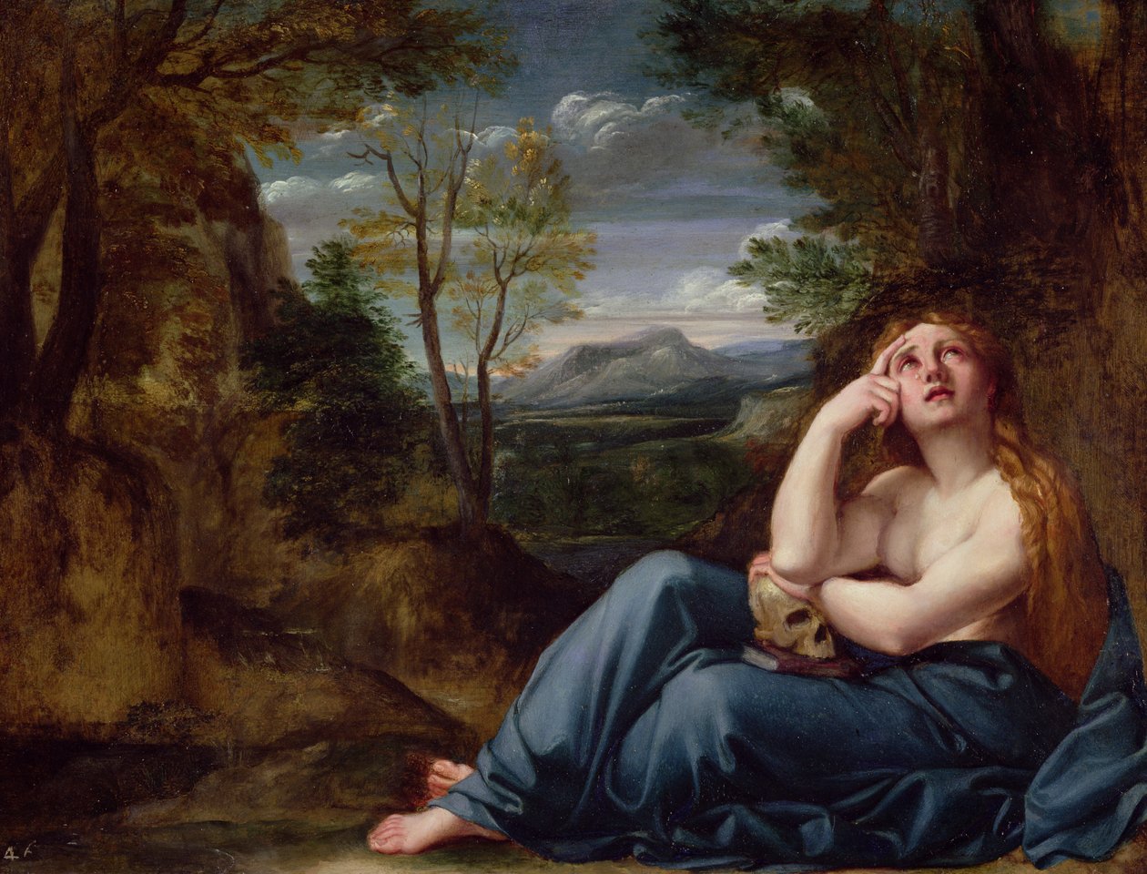 風景の中のマグダラのマリア、c.1599（銅に油彩） 作： Annibale Carracci