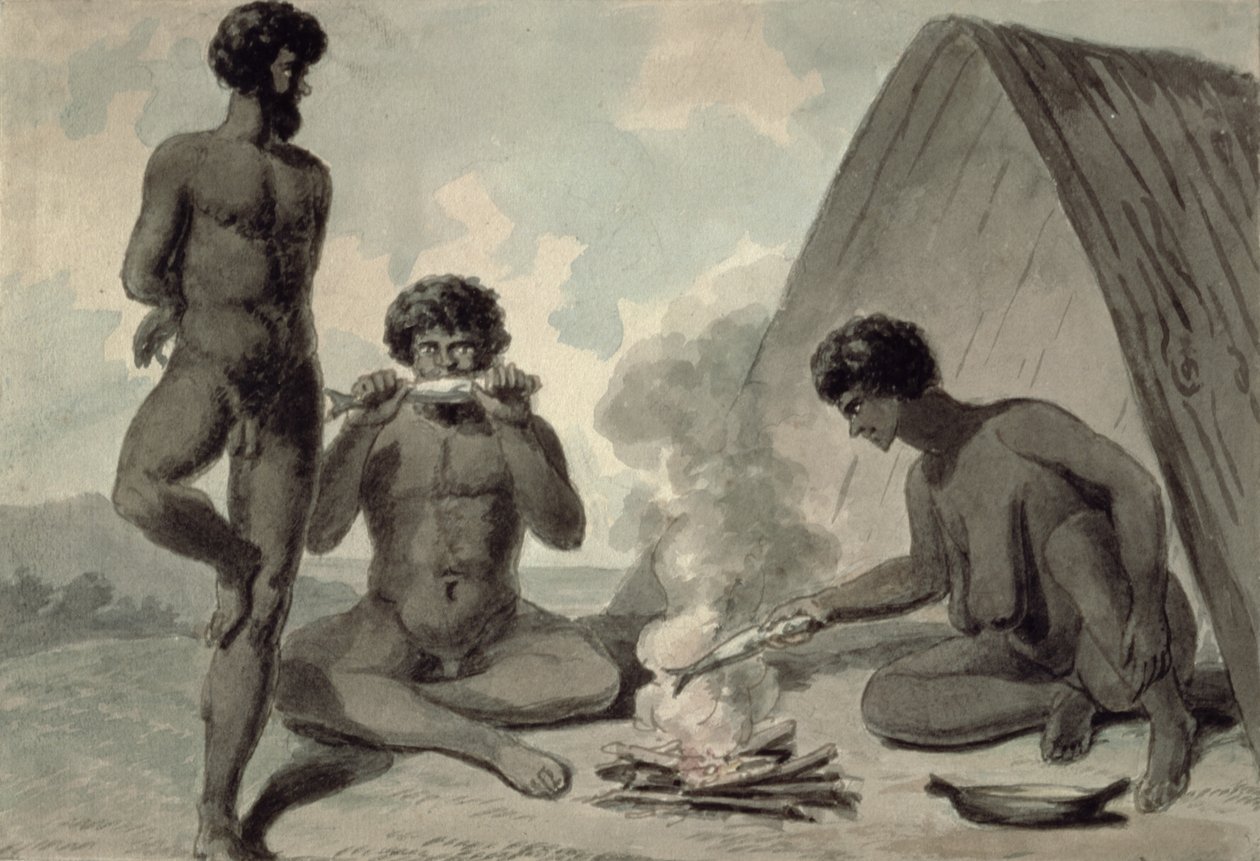 キャンプファイヤーの前で魚を食べる原住民、おそらくフィリップギドリーキング（1758-1808） 作： 不明不明