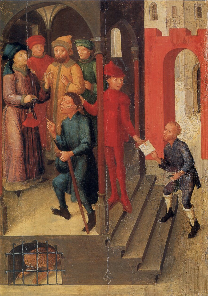 Weingartenの1489年の聖血表。LandesmuseumWürttemberg、シュトゥットガルト。プレート10：Adilberoは神聖な啓示をマントヴァの著名人に報告します（1048年の伝説によると） 作： 不明