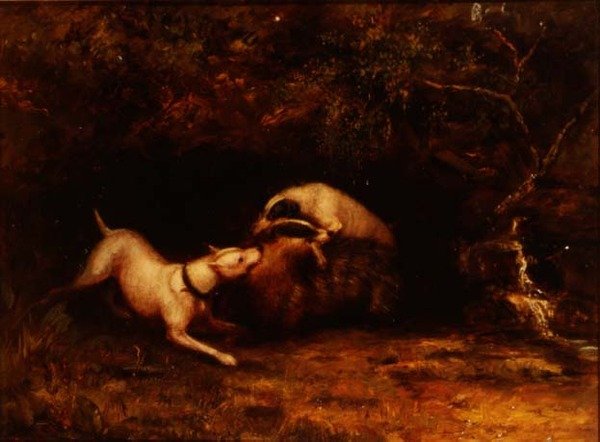 アナグマを餌にする犬、1870年頃 作： 匿名