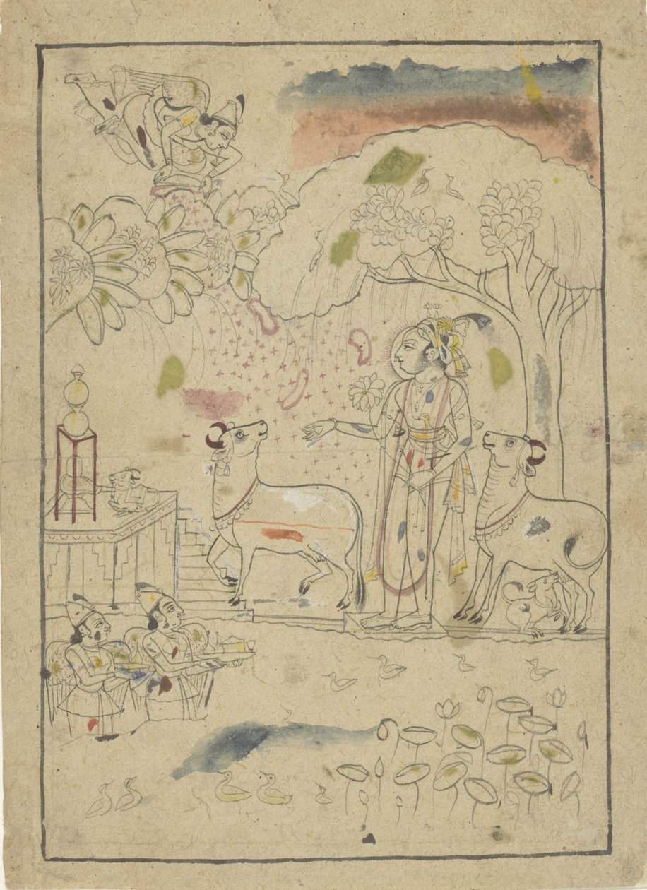 リンガ神社の牛とクリシュナ 作： 匿名