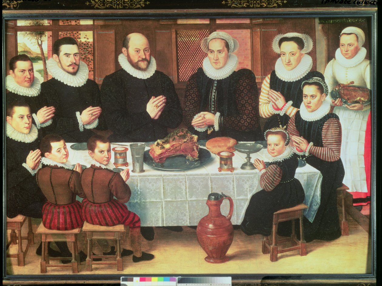 食事の前に恵みを言う家族、1585 作： Anthuenis ClaeissinsまたはClaiissens