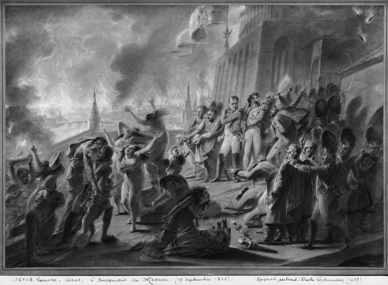 1812年9月のモスクワの火災（紙にペンと茶色のインクと灰色のウォッシュとガッシュのハイライト） 作： アントワーヌ・ジャン・グロ