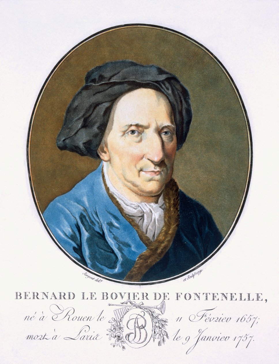Bernard le Bovier de Fontenelle、「偉大な男性、輝かしい女性、そしてフランスの思い出に残る主題の肖像画、お墓とカラーの版画」、ピエールブリン発行、1786-92、パリ（カラーe 作： アントワーヌ・ルイ・フランソワ・セルジェント・マルソー