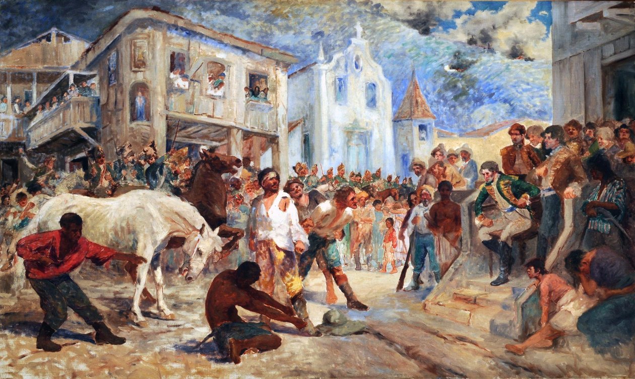 フィリペの裁判はサントスを行います。 1720年にブラジルのミナスジェライス州のヴィラリカで起こったフィリペドスサントス蜂起の最後のシーンを描いています。 作： アントニオ・パレイラス