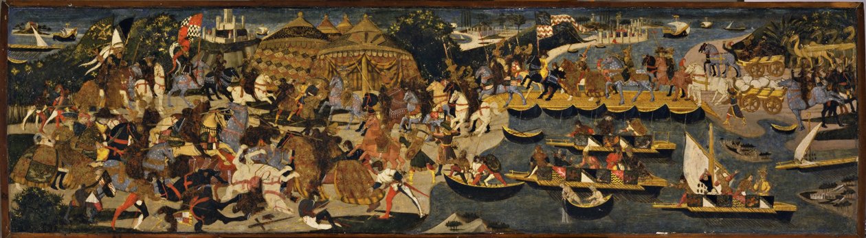 アテナイ人とペルシャ人の間の戦い、カッソーネパネル、1463年（木材に金と銀の葉が付いた油と油） 作： アポロニオ・ディ・ジョヴァンニ・ディ・トンマーゾ