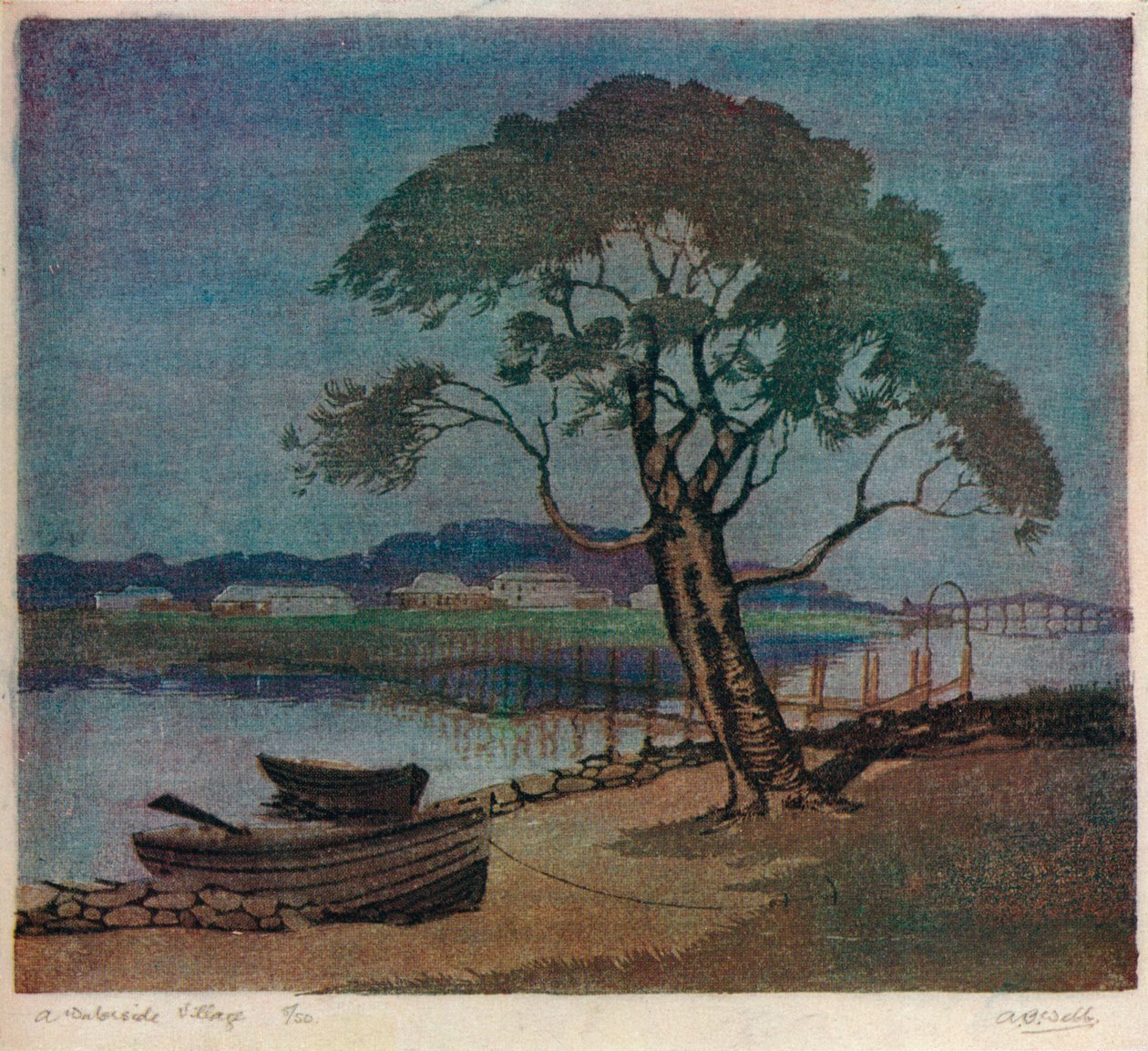 「水辺の村」、c1921 作： アーチボルドバートラムウェッブ