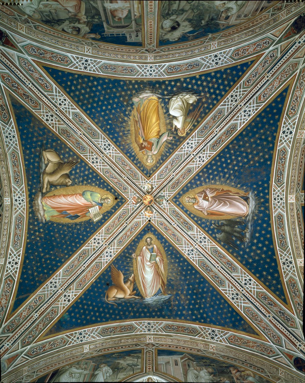 1387年に4人の伝道者を描いた聖所の金庫室のフレスコ画 作： Aretino Luca SpinelloまたはSpinelli