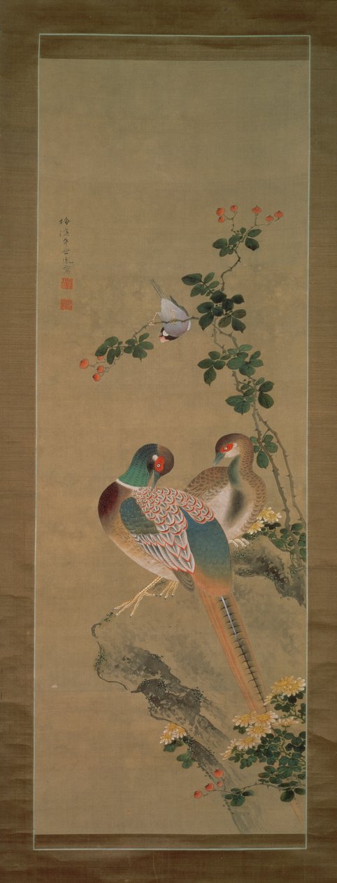 キジ、ウソ、花と岩、1800年頃（絹のインクと色） 作： 有原梅渓