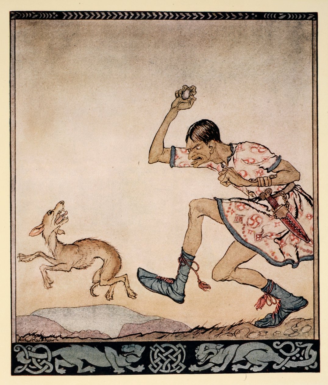 犬が苦手だった男性、1920年のジェームズスティーブンスによる「アイルランドのおとぎ話」のイラスト 作： アーサー・ラッカム