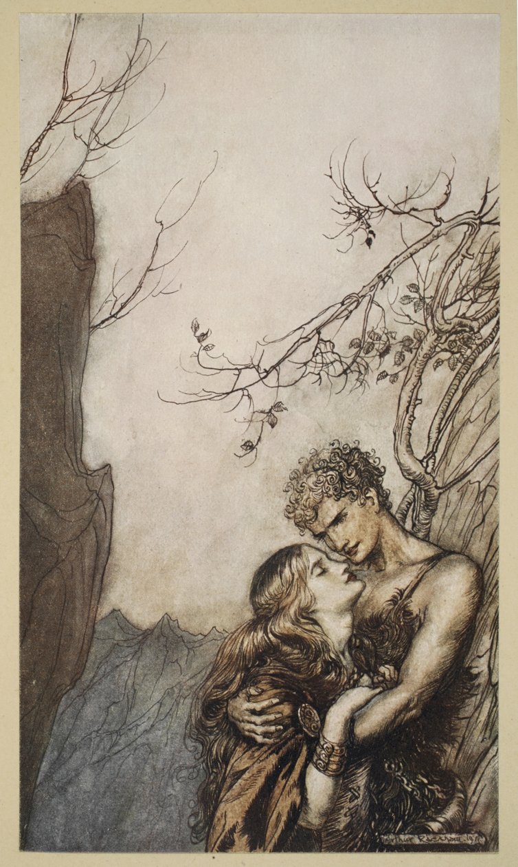 ブルンヒルデはジークフリートの腕に身を投げ込みます。「ジークフリートと神々の黄昏」のイラスト、1924年 作： アーサー・ラッカム