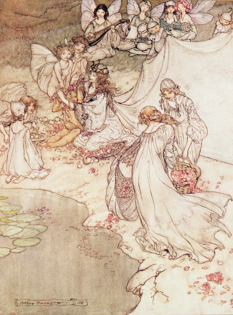 おとぎ話、花で子供を覆う妖精の女王のイラスト 作： アーサー・ラッカム