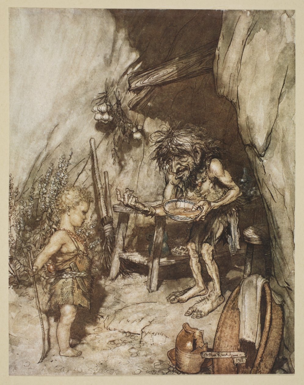 マイムと幼児、「ジークフリートと神々の黄昏」のイラスト、1924 作： アーサー・ラッカム