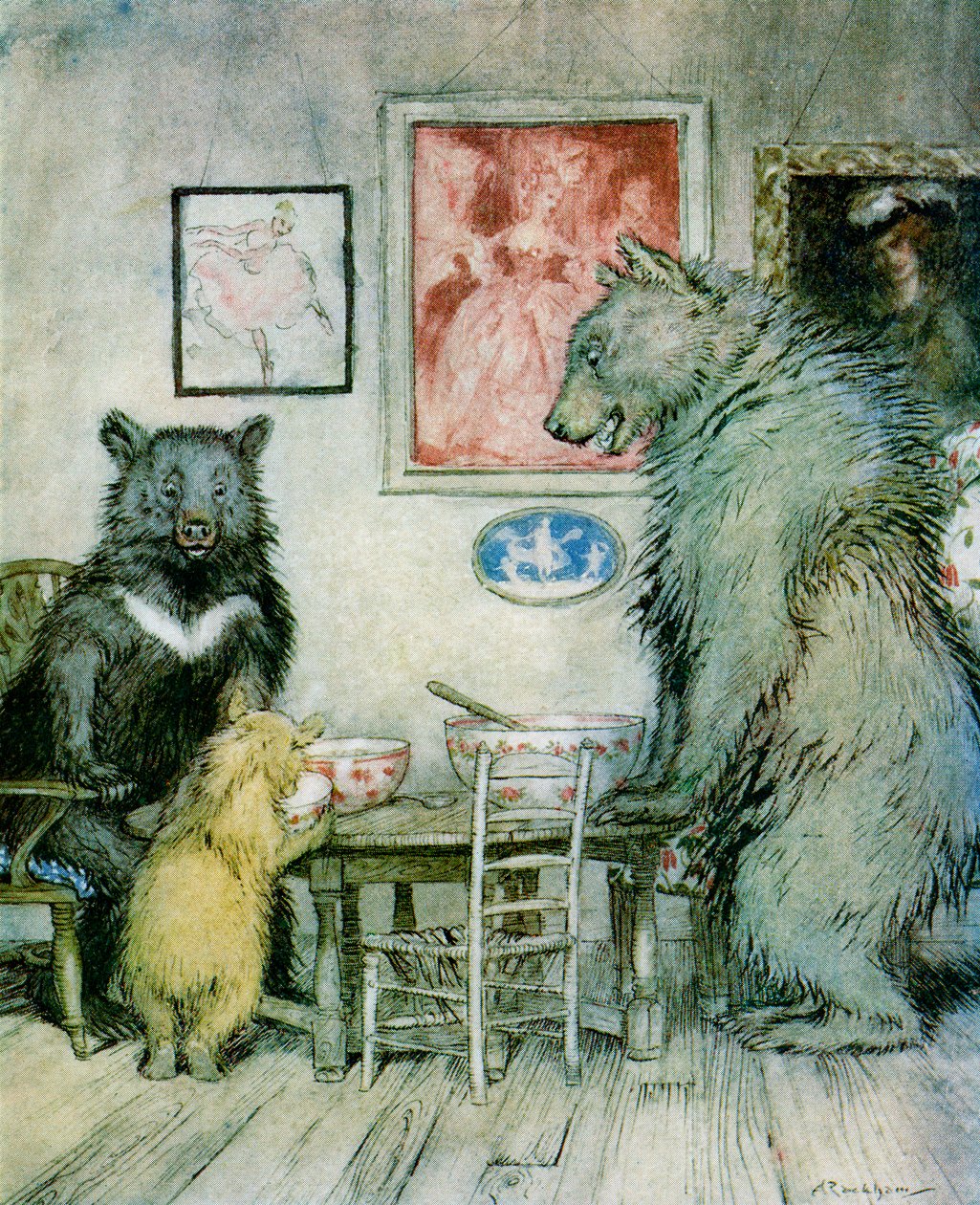 1927年に出版されたFAスチールの「English Fairy Tales Retold」から、誰かが私のお粥にいて、それをすべて食べてしまいました。 作： アーサー・ラッカム