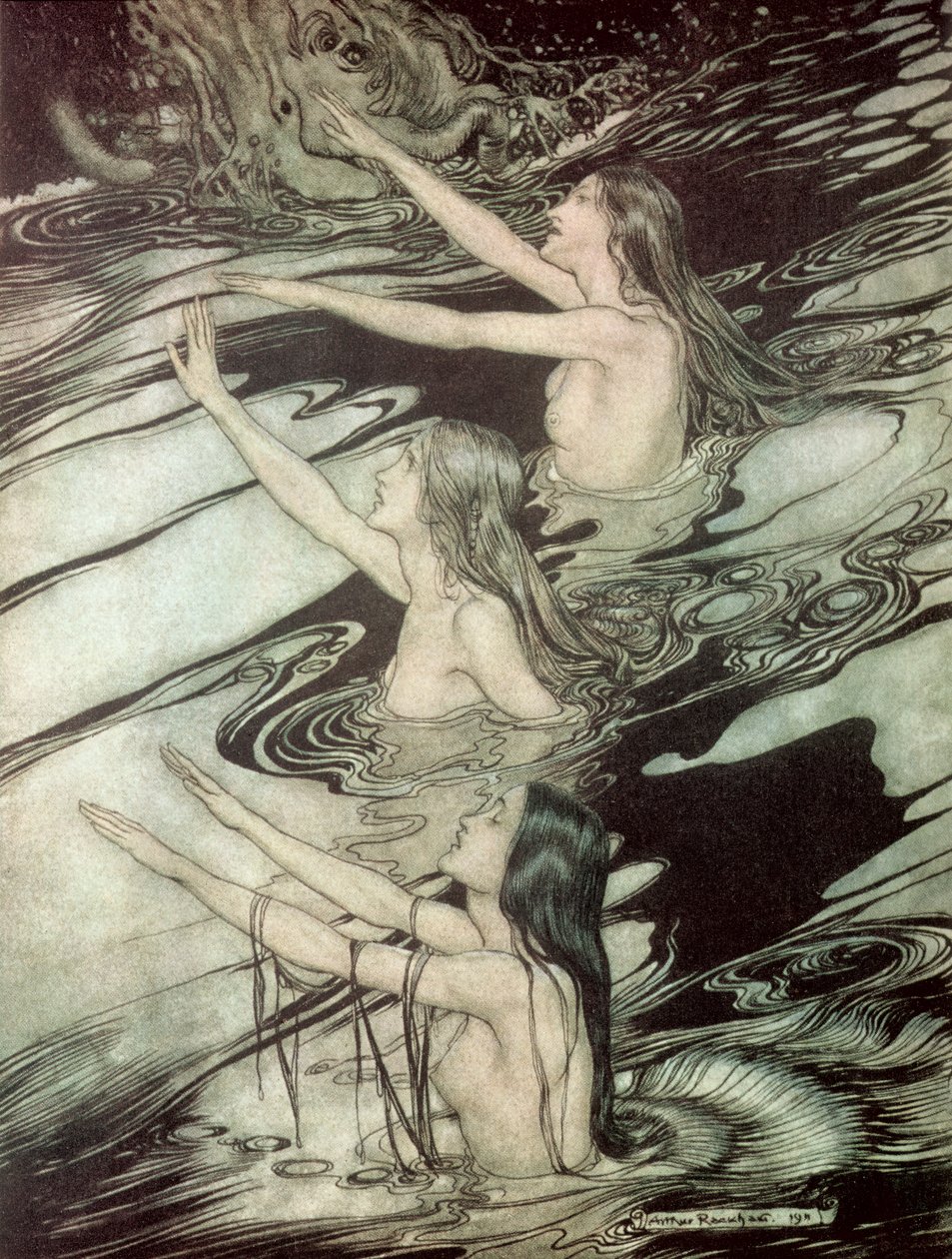 ラインメイデン、1911年、リチャードワーグナー著「ジークフリートと神々の黄昏」より 作： アーサー・ラッカム