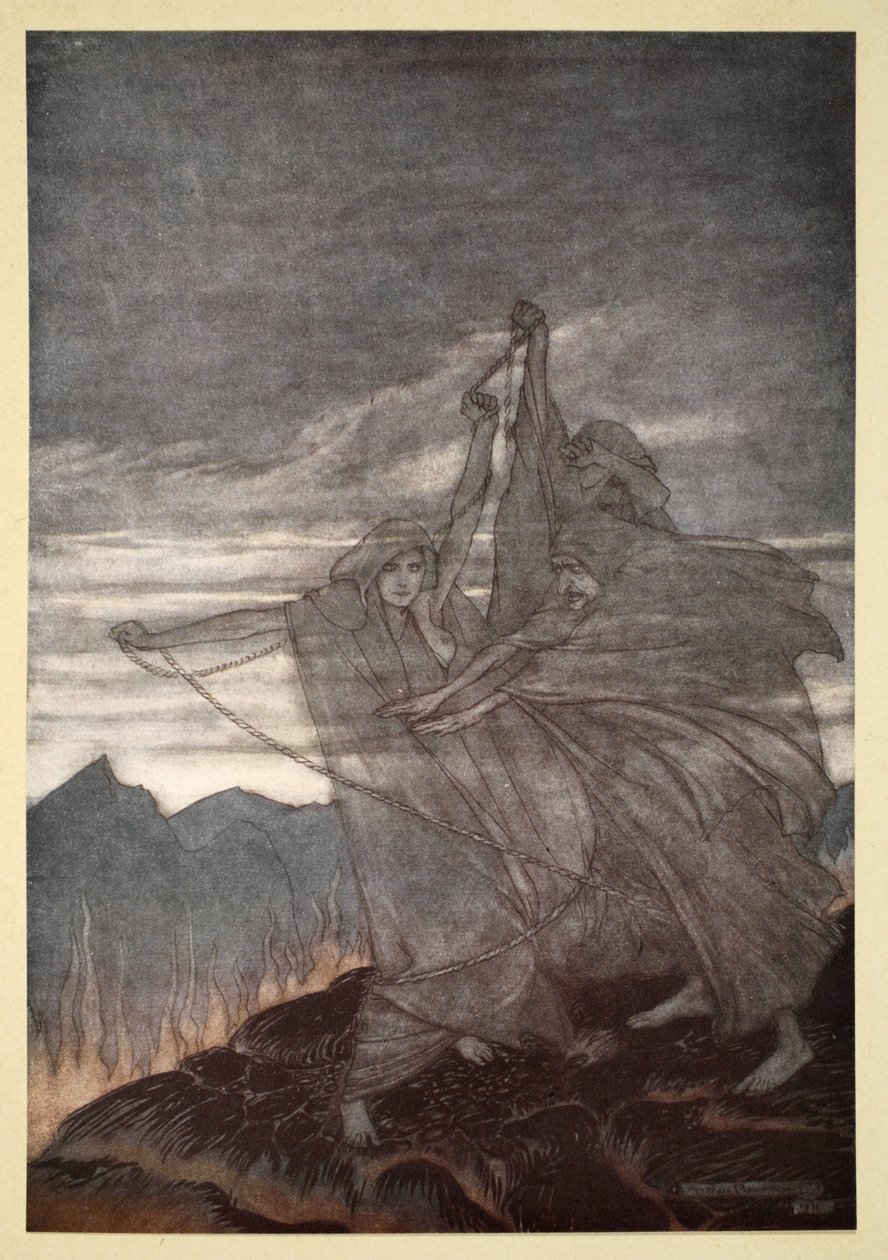 ノルンは消え去り、「ジークフリートと神々の黄昏」の挿絵、1924 作： アーサー・ラッカム