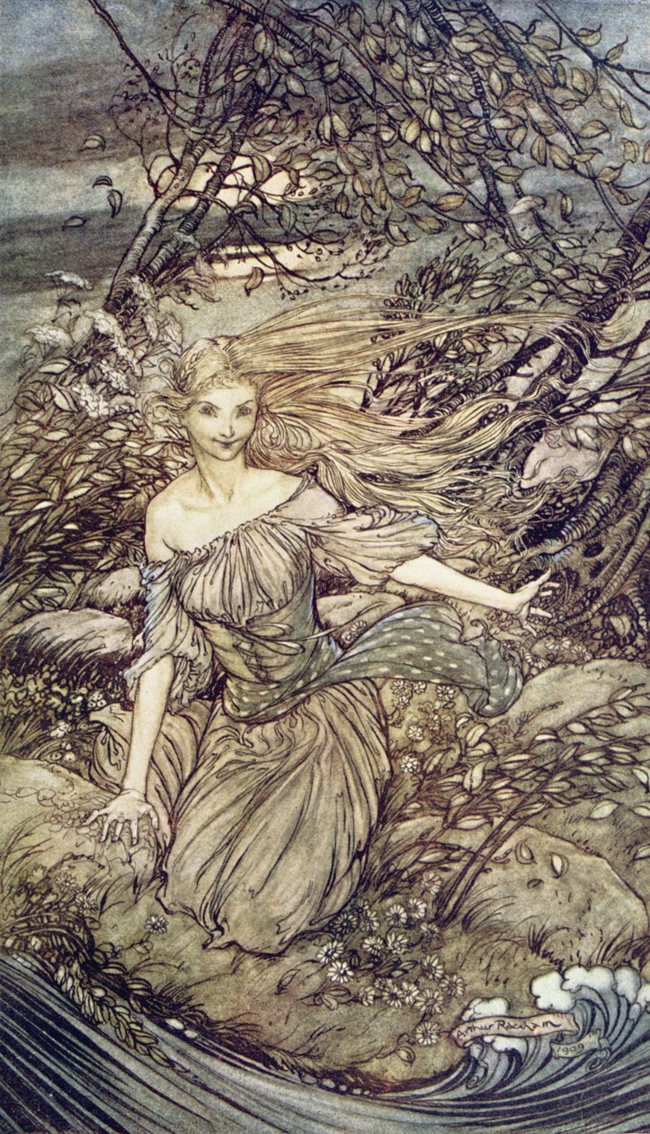 ウンディーネ、フリードリヒ・ド・ラ・モット・フーケ男爵の本のイラスト（1777-1843）1909 作： アーサー・ラッカム
