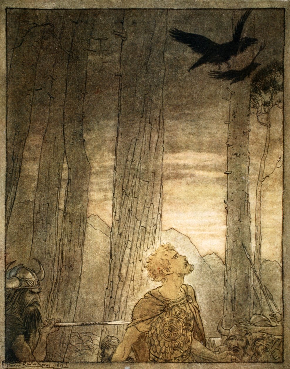 「ジークフリートの死」、1924 年。 作： アーサー・ラッカム