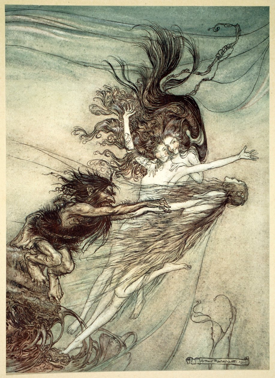 「アルベリヒをからかうラインの乙女たち」、1910 年。 作： アーサー・ラッカム