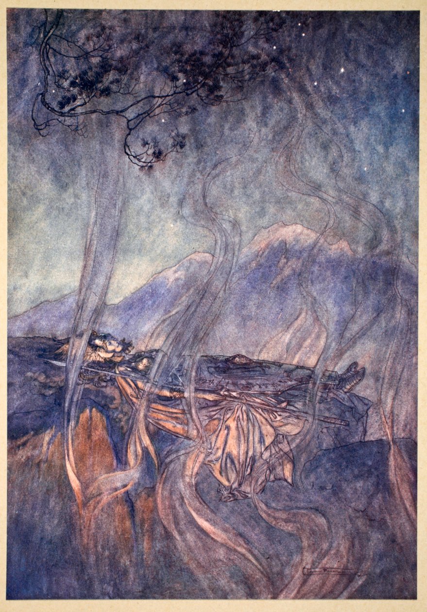「ブリュンヒルデの眠り」、1910年。 作： アーサー・ラッカム