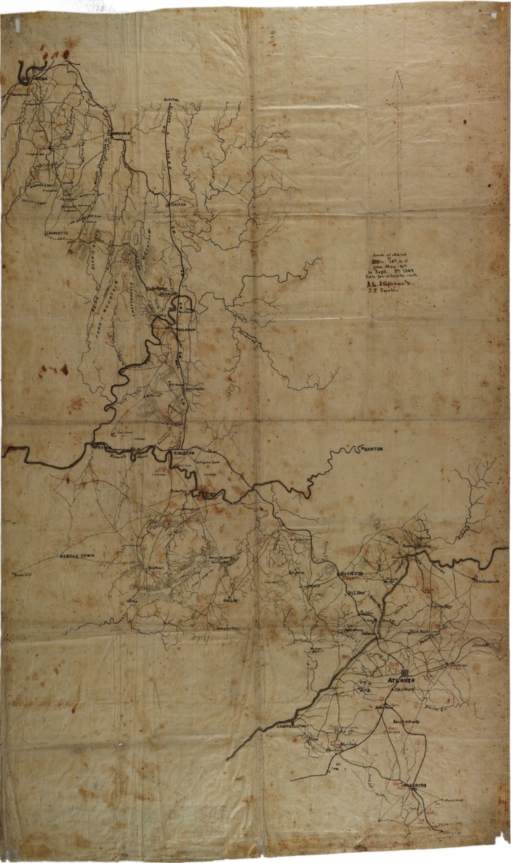 シャーマン将軍アトランタ作戦の写本南北戦争地図、1864年頃 作： アズベリー・L・アンド・スネル、JPスティーブンス