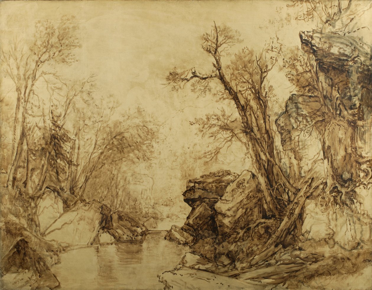 セピアの風景：小川のある木、1854年（キャンバスにセピア油） 作： アッシャー・ブラウン・デュランド