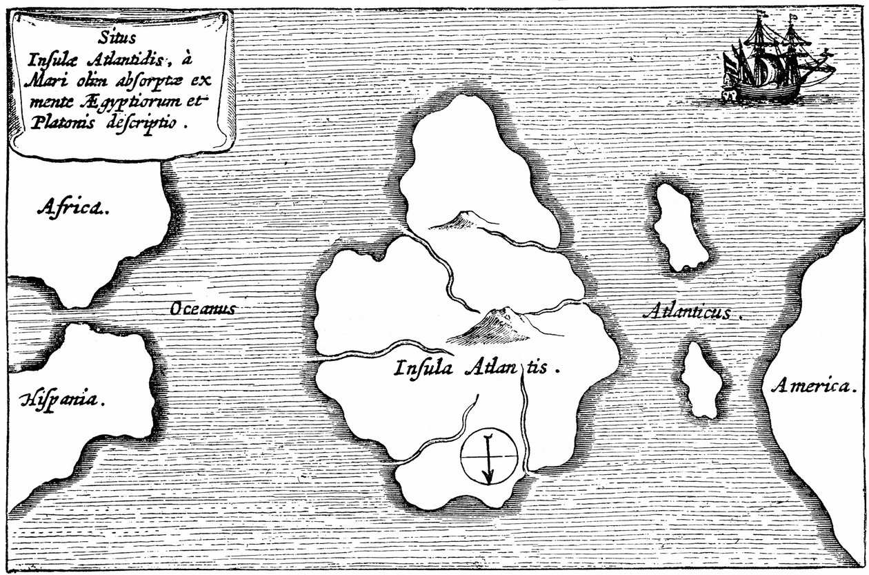 「Mundus Subterraneus」からのアトランティスの地図 作： アタナシウス・キルヒャー