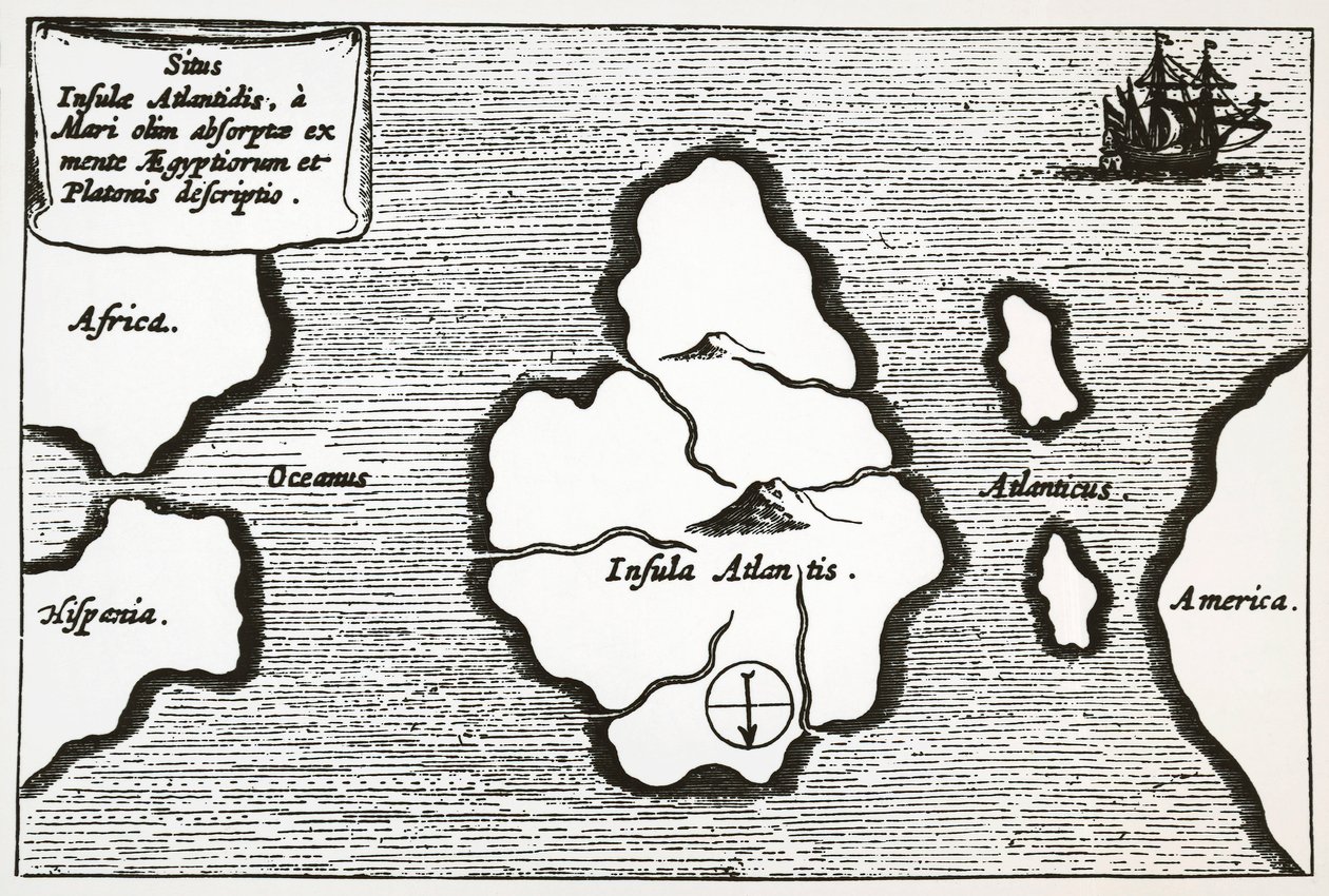 「Mundus Subterraneus」からのアトランティスの地図 作： アタナシウス・キルヒャー